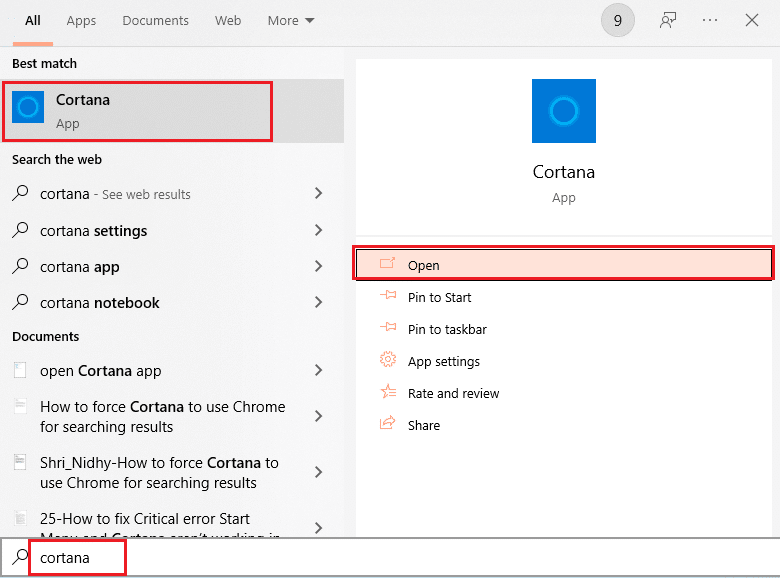 open cortana from windows search