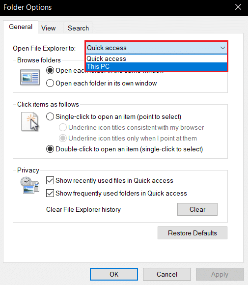 open file explorer to this pc in Folder options