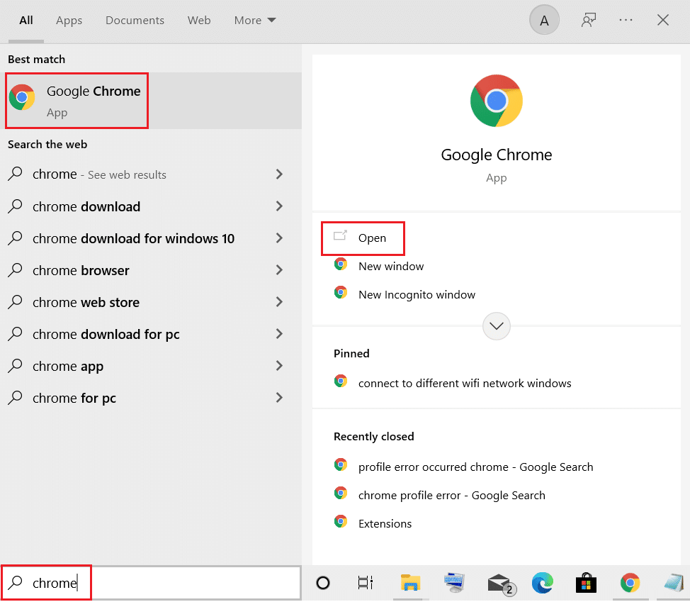เปิด Google Chrome จากเมนูค้นหาของ Windows