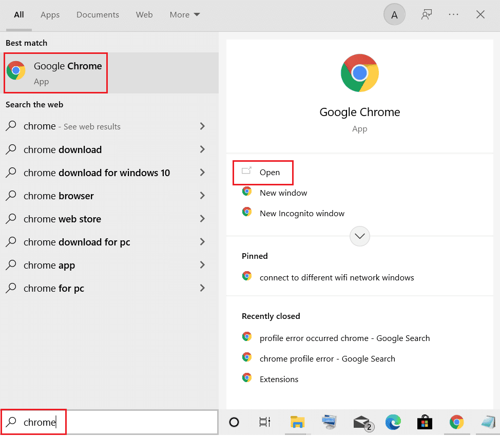 qhib google chrome los ntawm Windows search menu