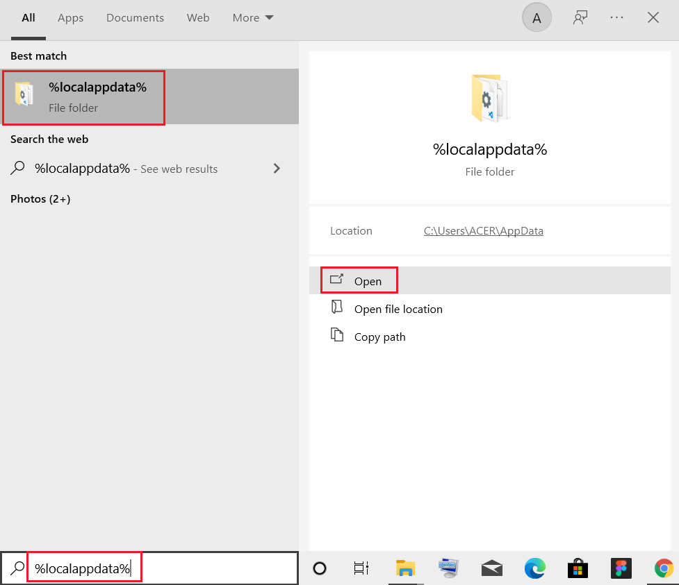 open localappdata folder from Windows search bar. Fix Error 1105 Discord in Windows 10