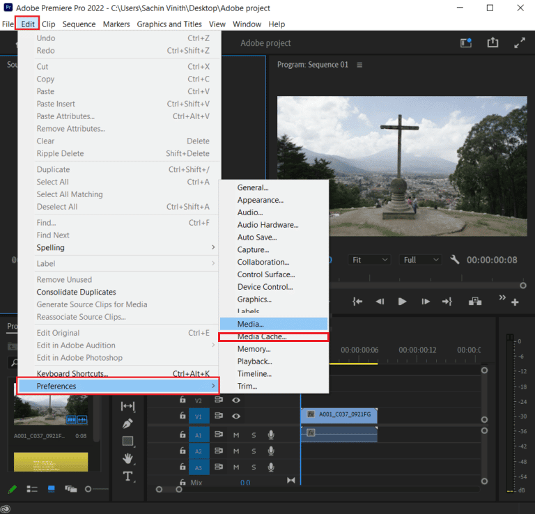 открыть медиакеш в настройках Adobe Premiere Pro