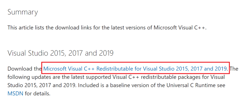 Abra a página redistribuível do Microsoft Visual C++