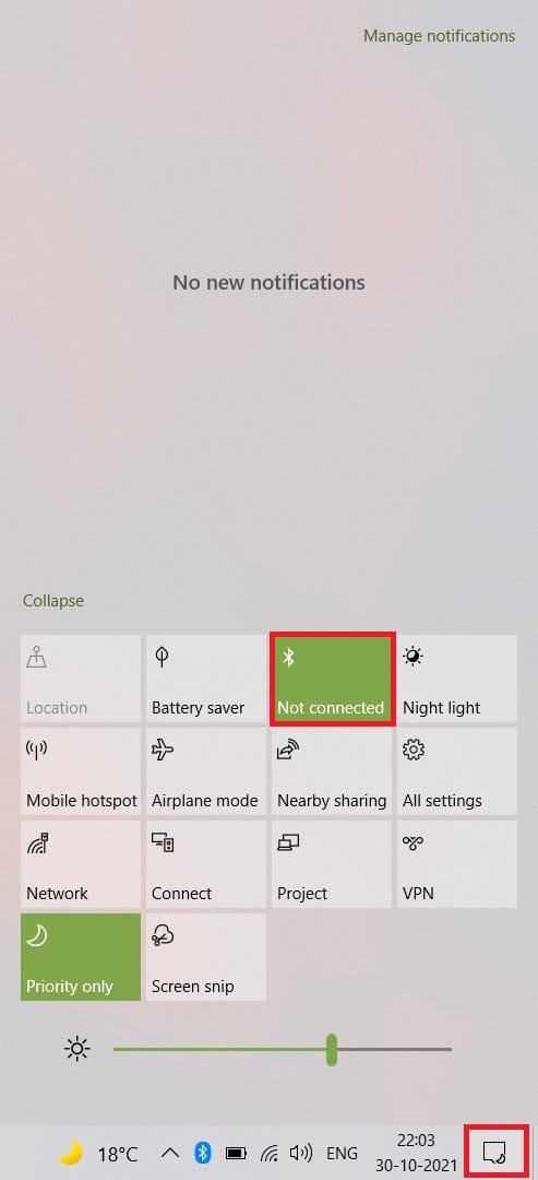 Open notification panel from taskbar and click on Bluetooth button to enable it | How To Change Bluetooth Device Name in Windows 10