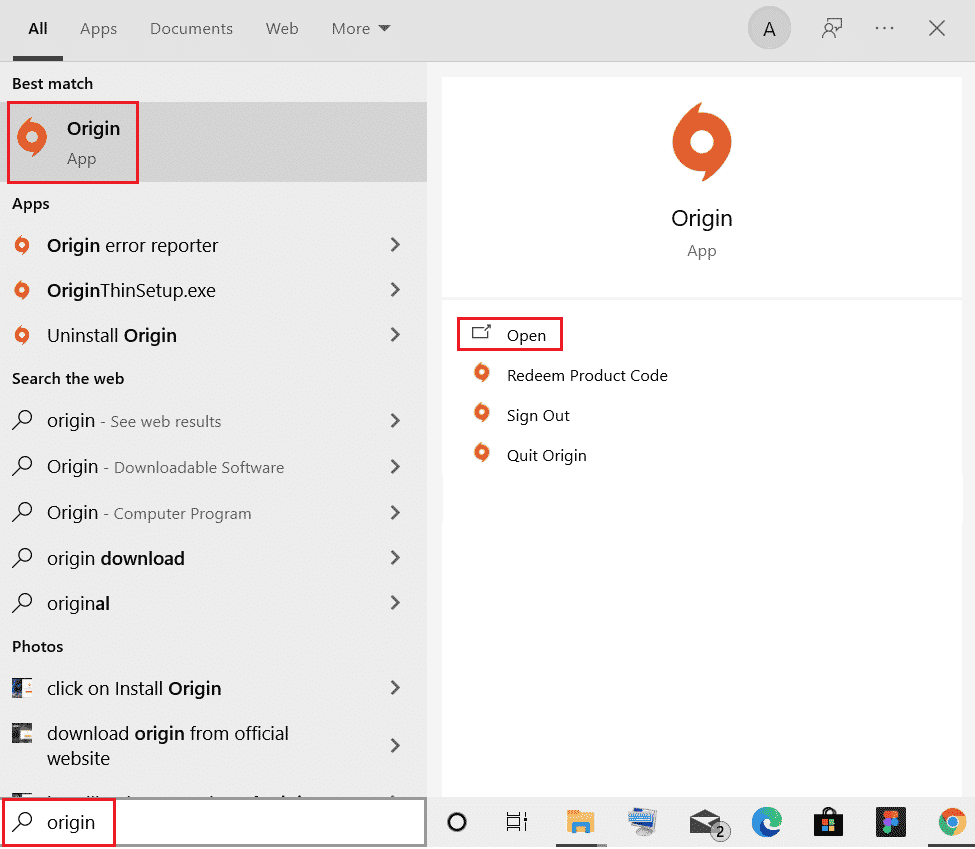 abrir origen desde la barra de búsqueda de Windows