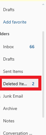 Öppna Outlook och klicka på Raderade objekt på vänster sida. | Hur man arkiverar i Outlook 365