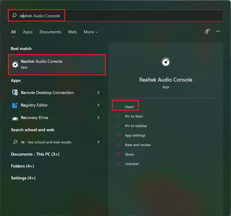 open realtek audio console through windows 11 search menu