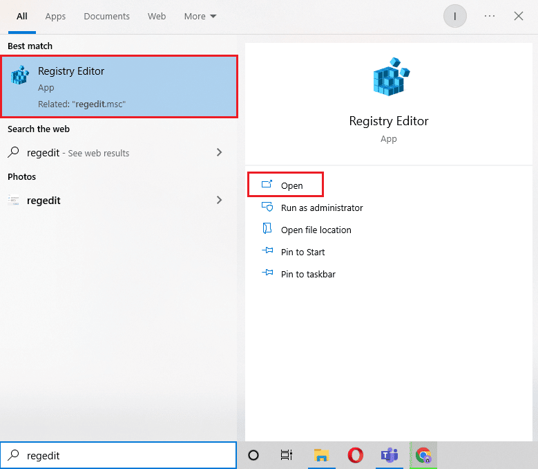 Откройте редактор реестра, введя в строку поиска Windows. Нажмите «Открыть».