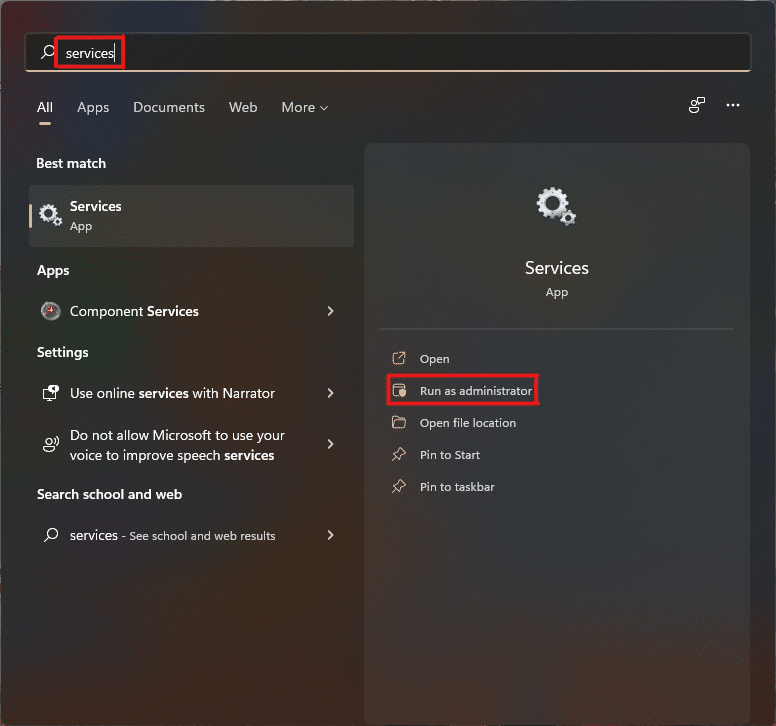 open services from windows 11 search menu