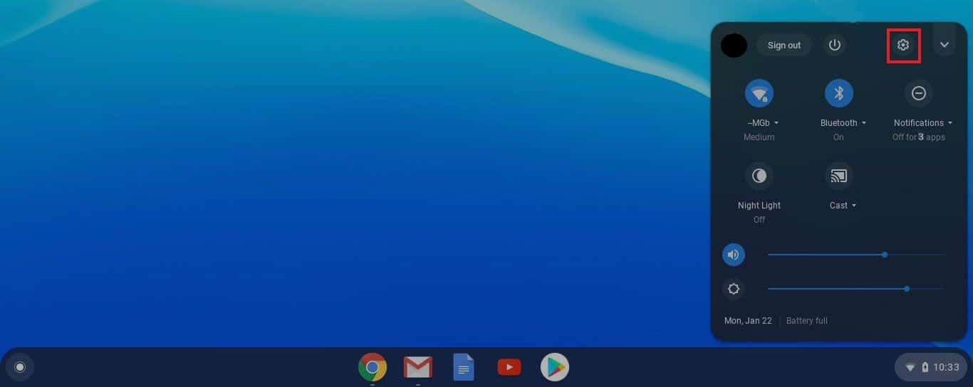 Open Settings on Chromebook by clicking on the Time widget