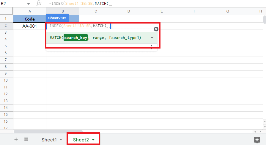 Open Sheet2 add comma and start the MATCH function. How to INDEX MATCH Multiple Criteria in Google Sheets