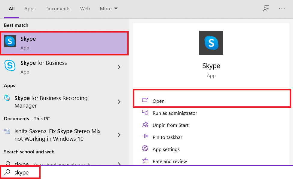 Otwórz menu Start i wpisz Skype, kliknij Otwórz w prawym okienku | Jak naprawić miks stereo Skype, który nie działa w systemie Windows 10