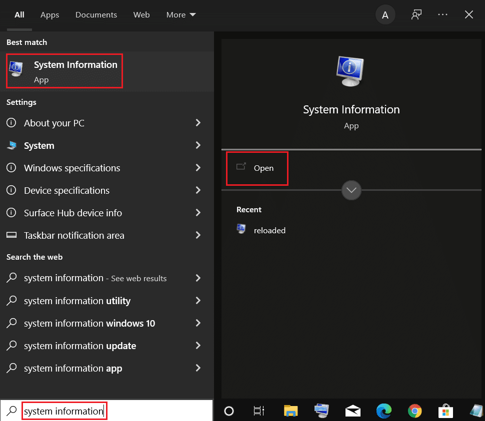 open system information from windows search bar