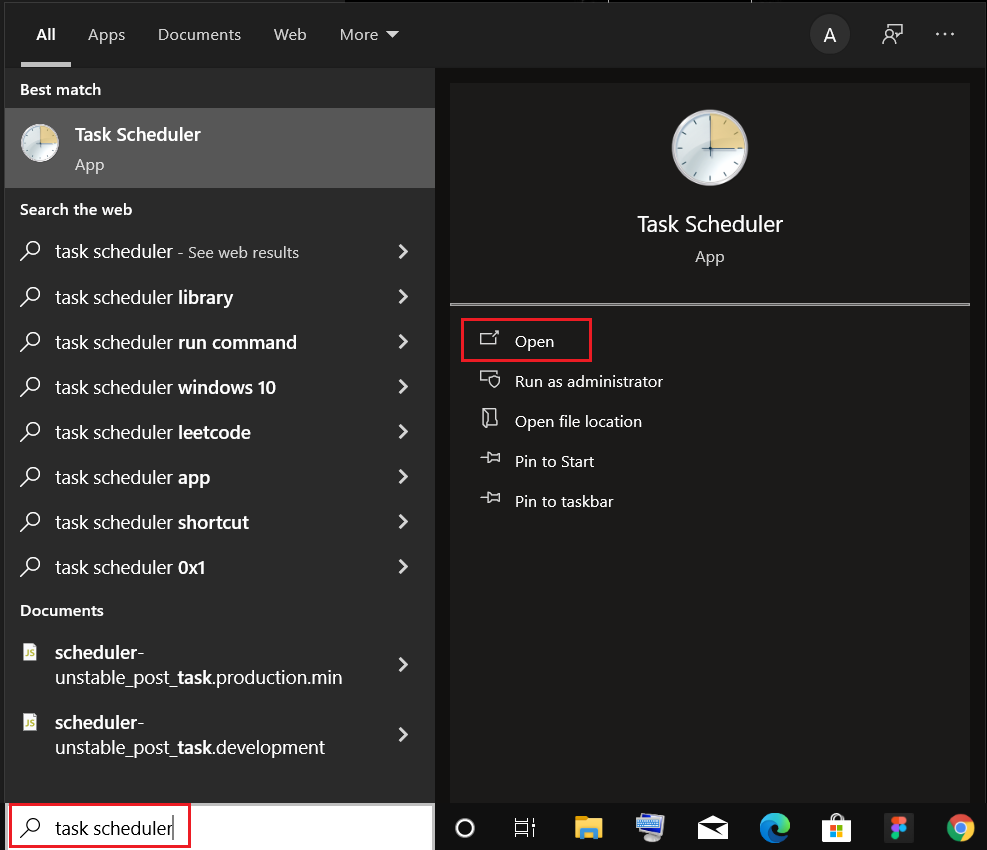 open task scheduler from windows search bar