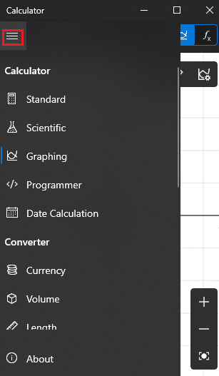 open the Calculator application and click on the hamburger icon present at the top left corner.