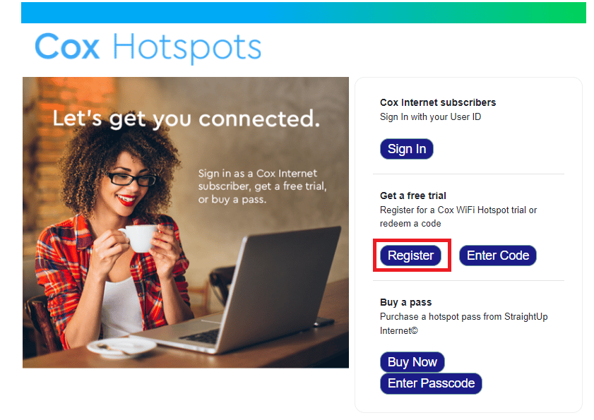 Open the Cox access portal website and click on the Register button in the Get a free trial section