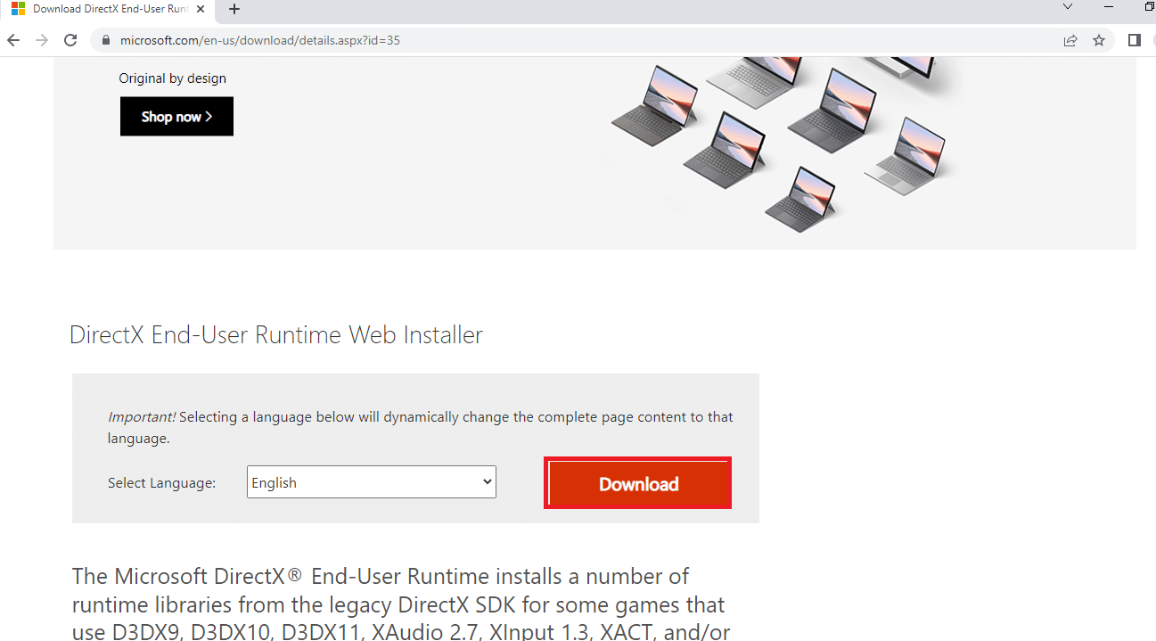Откройте официальный сайт DirectX в веб-браузере и нажмите кнопку «Загрузить».