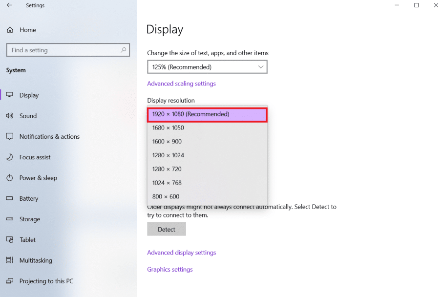 Open the Display Resolution dropdown. Select the resolution that has Recommended written next to it