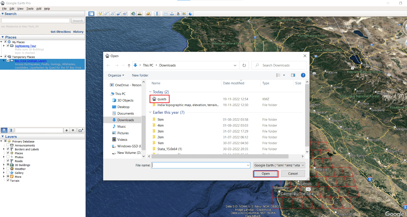 Open the downloaded file | show elevation contours on Google Earth
