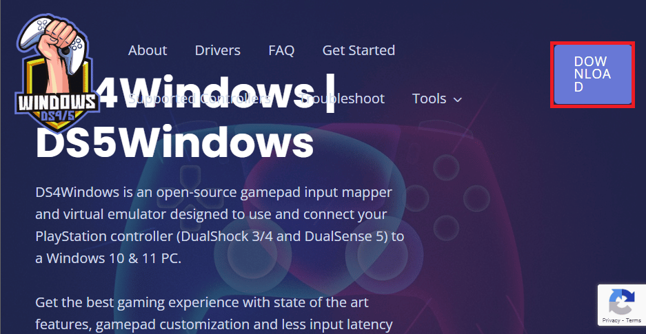 Open the DS4Windows website and click on the DOWNLOAD button