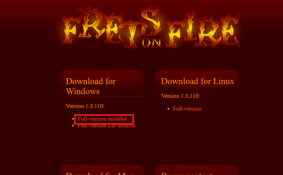 Open the Frets on Fire website and click on the Full version installer