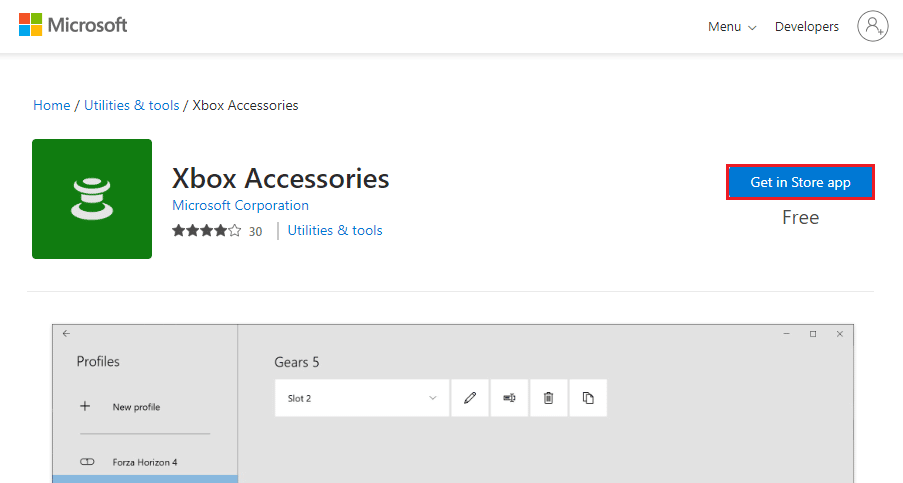 Open the official Microsoft Store website for the Xbox accessories app and click on the Get in Store app button