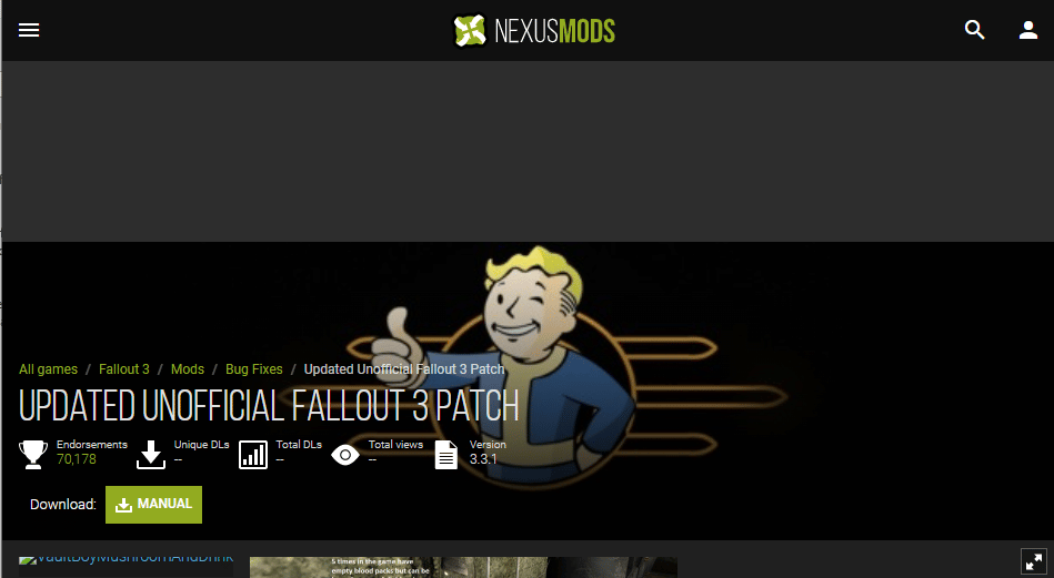 Open the official NEXUSMODS website for downloading the UPDATED UNOFFICIAL FALLOUT 3 PATCH