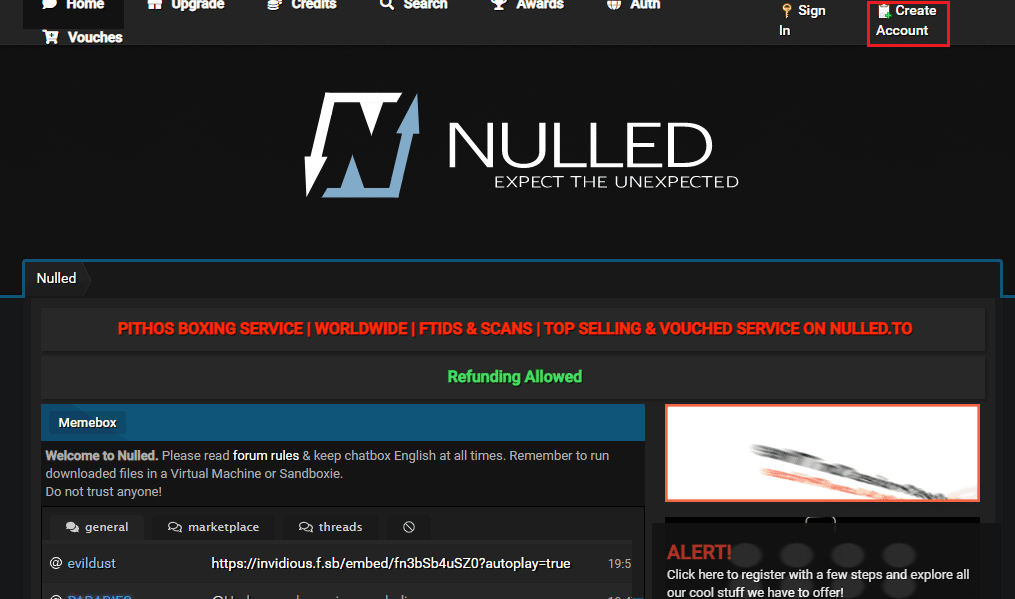 Open the official website of Nulled and click on the Create Account option