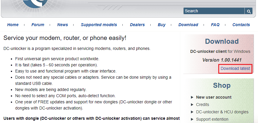 Ouvrez le site officiel de l'outil DC Unlocker et cliquez sur l'option Télécharger la dernière version dans la section Client DC Unlocker pour Windows.