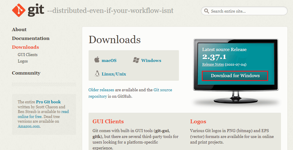 Open the official website of the Git Downloads and click on the Download