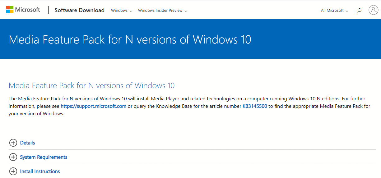 Open the official website of the Microsoft Media Pack download page