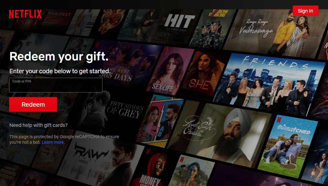 Open the official website of the Netflix Redeem Gift cards 