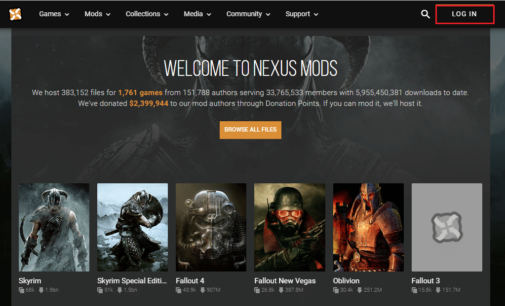 Open the official website of the NEXUSMODS and click on the LOG IN button 