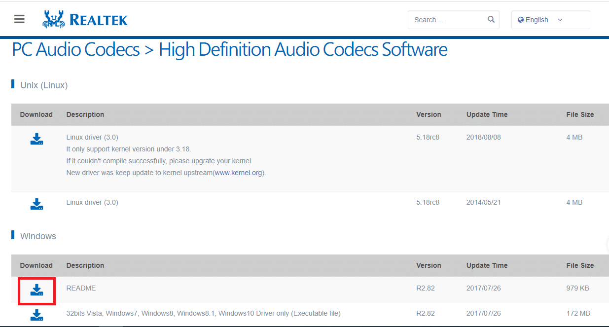 Open the official website of the Realtek High Definition Codecs and click on the Download button