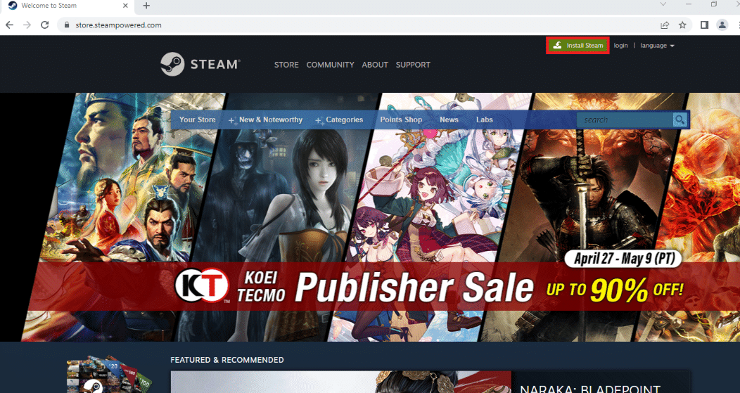 Open the official website of the Steam app on your default web browser and click on the Install Steam button