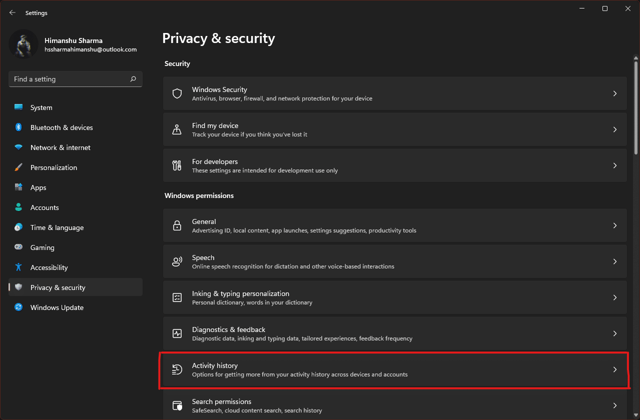 Click on the Activity history option under Windows permissions.
