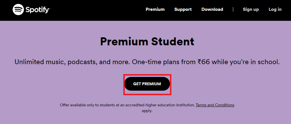 Open the Spotify Premium for Students website and click on the GET PREMIUM button
