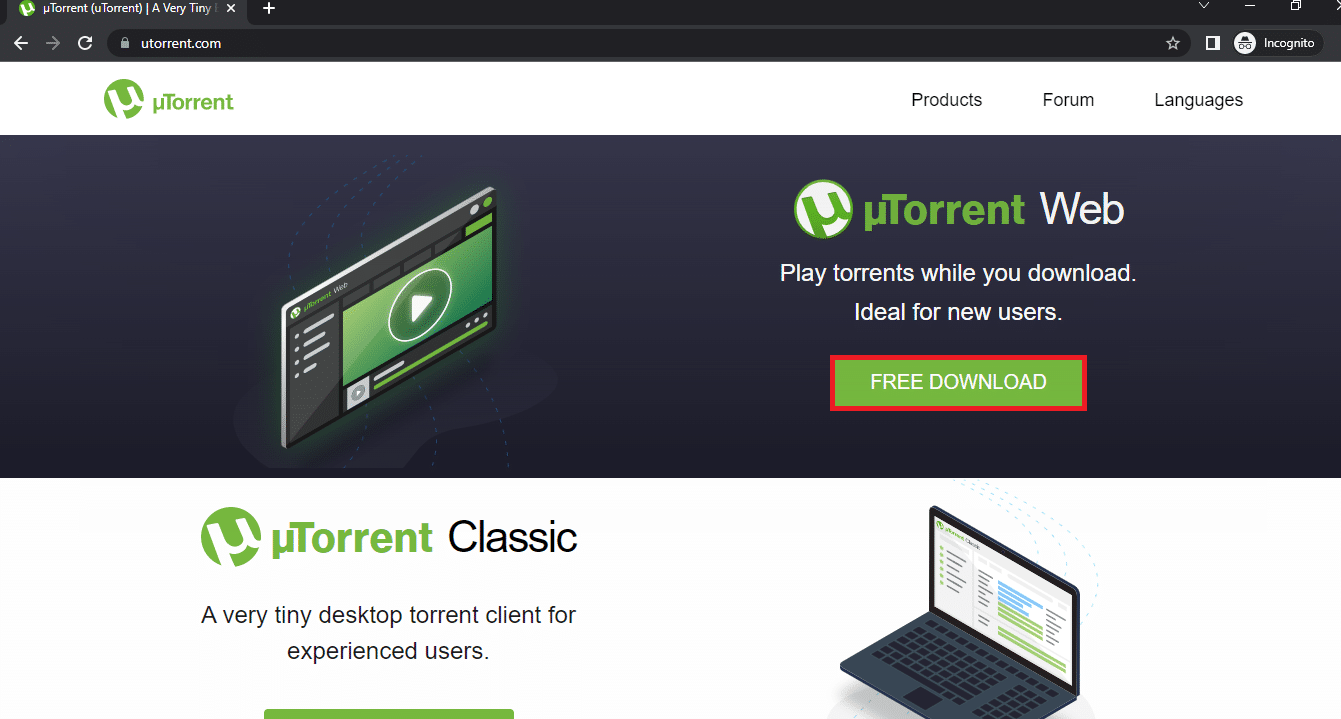 Откройте официальный сайт uTorrent и нажмите кнопку «СКАЧАТЬ БЕСПЛАТНО», чтобы установить программное обеспечение на свой компьютер.