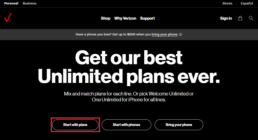 Open the Verizon website and click on the Start with plans option