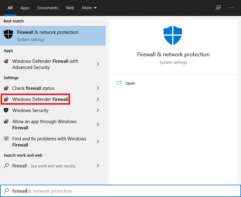 Open the Windows Defender Firewall in the control panel