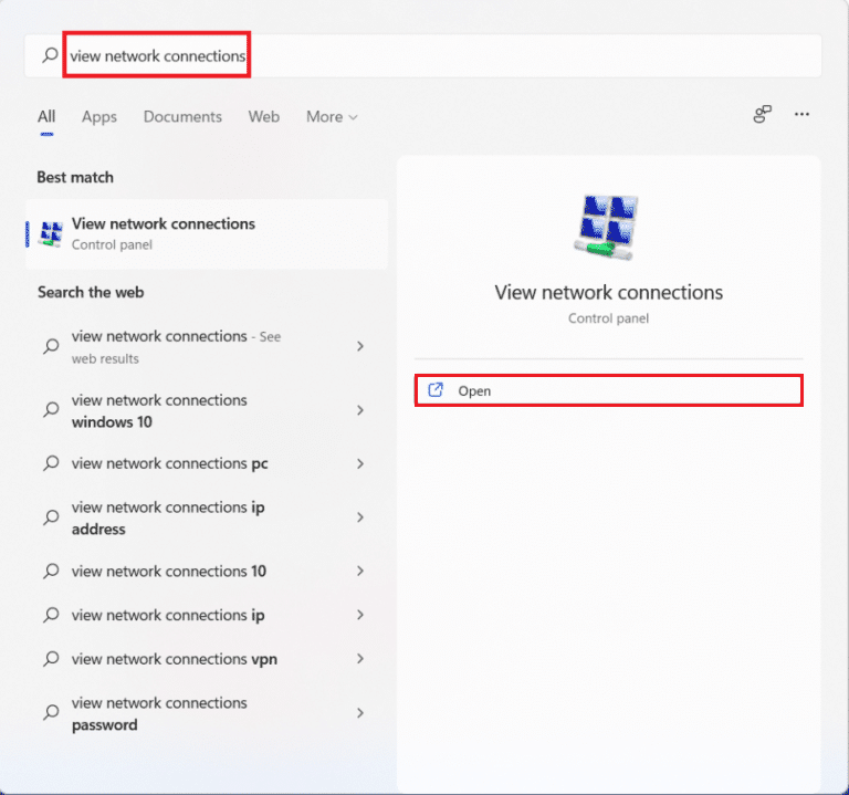 open view network connections in Windows 11 search bar
