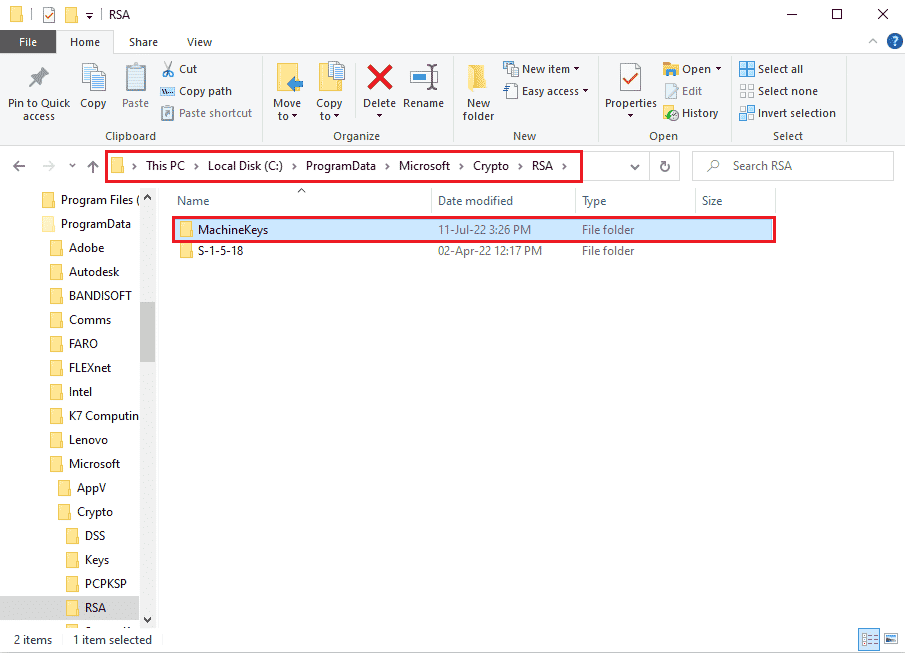 open Windows Explorer and navigate to the MachineKeys folder 