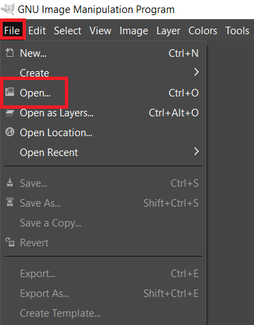 Open your GIMP application and pick the Open option from the File menu. 