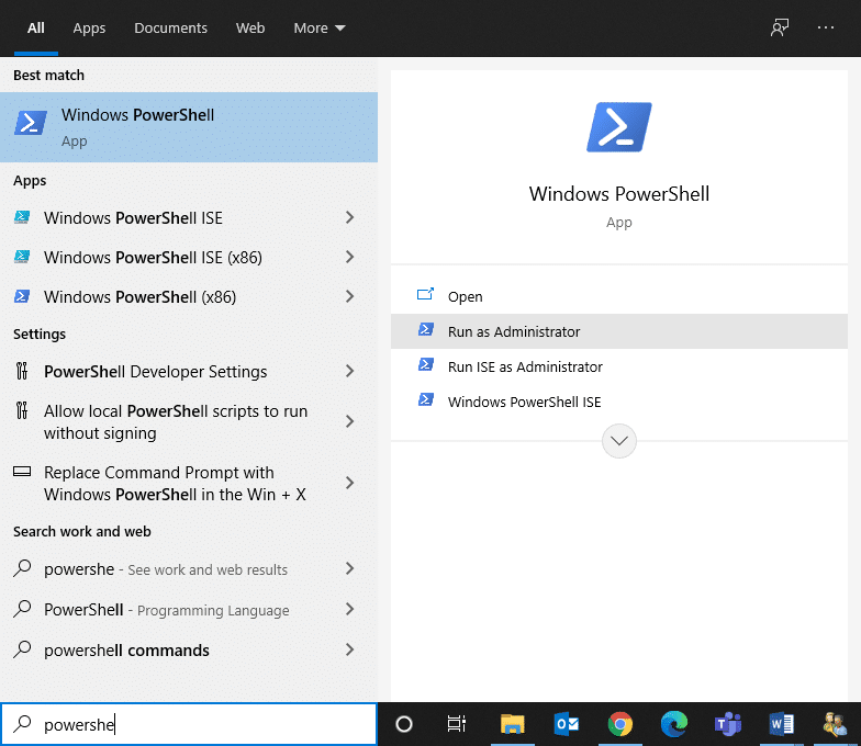 Recherchez Windows PowerShell et exécutez-le en tant qu'administrateur. L'invite de commande fixe apparaît puis disparaît sous Windows 10