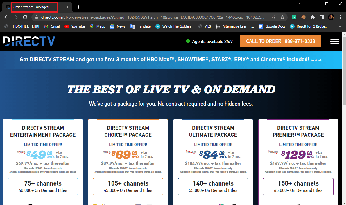 go to DirecTV Order Stream packages webpage