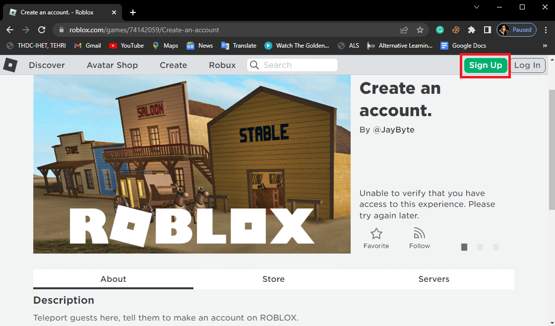 Откройте веб-браузер и перейдите на страницу создания учетной записи Roblox. Исправьте код ошибки Roblox 103 на Xbox One