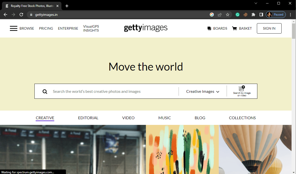 Откройте веб-браузер и посетите Getty Images.