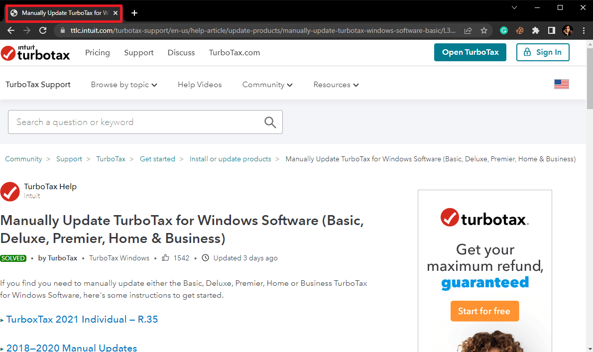visite a página de atualização do Intuit TurboTax