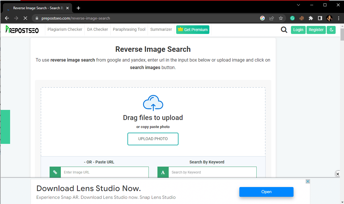 Open your Web Browser and visit the PREPOSTSEO Reverse Image Search page