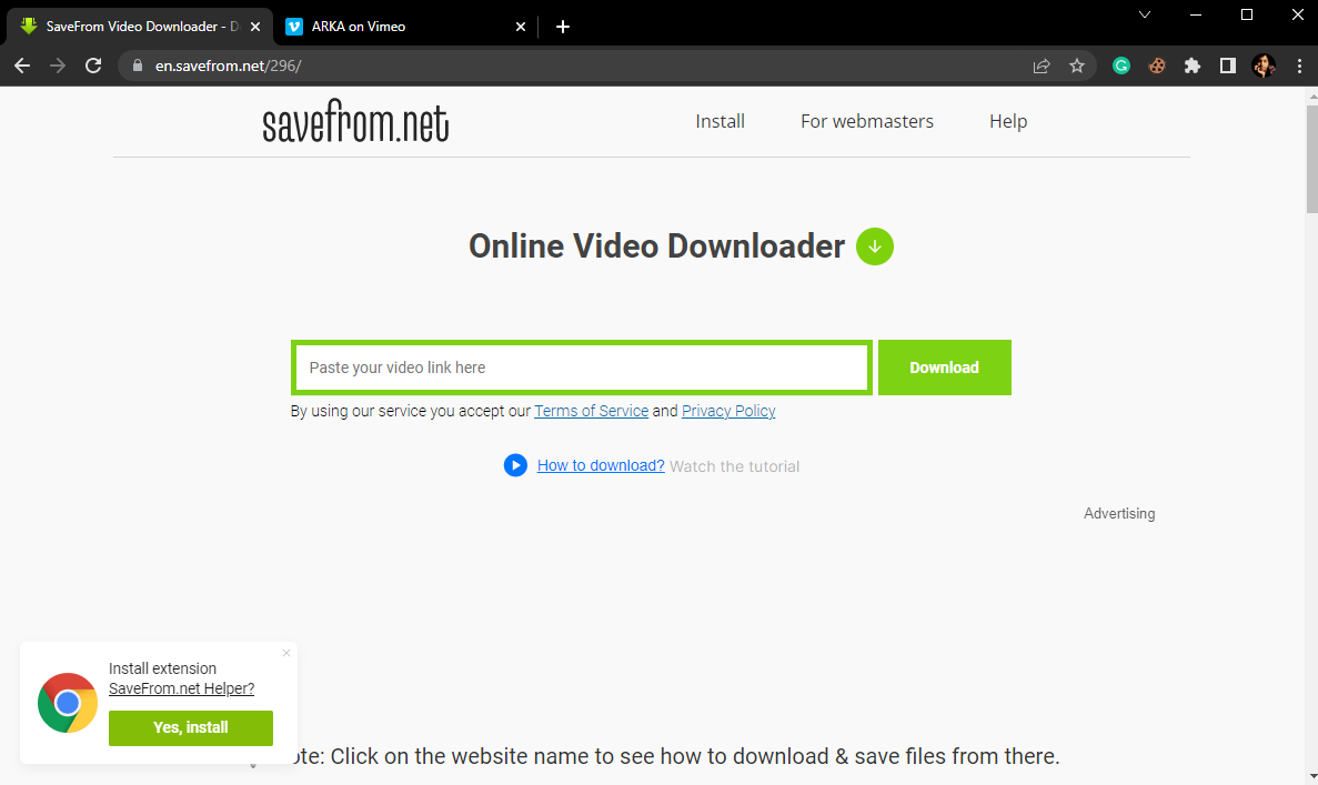 Maak jou webblaaier oop en besoek die SaveFrom.net-werf. Beste Vimeo na MP4 Converter Tools